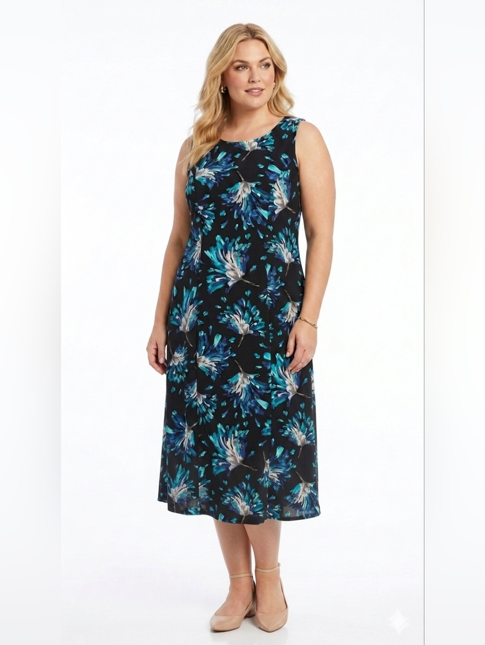 Studio I Black and Blue Floral Midi Dress